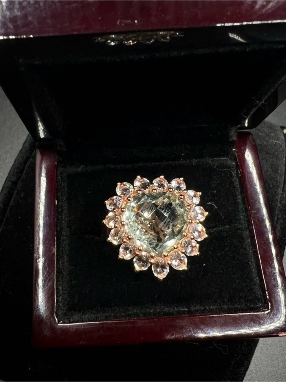 10k Rose Gold Heart Natural Green Amethyst Prasiolite Halo Cocktail Ring Size 7